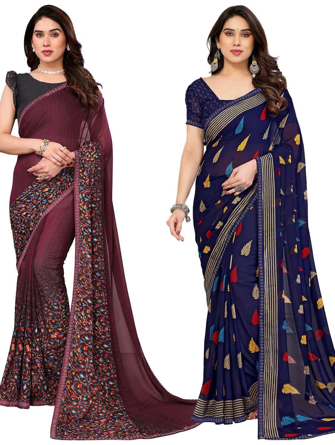 women pack of 2 printed combo saree with blouse