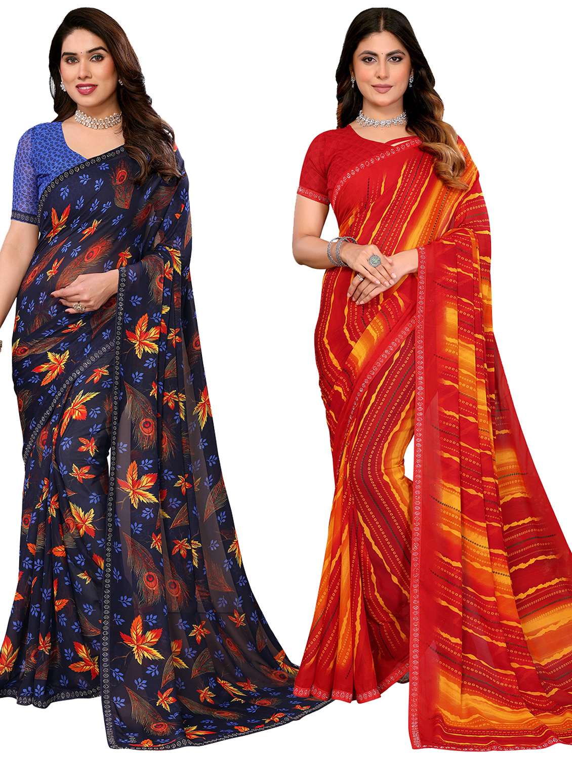 women pack of 2 printed combo saree with blouse