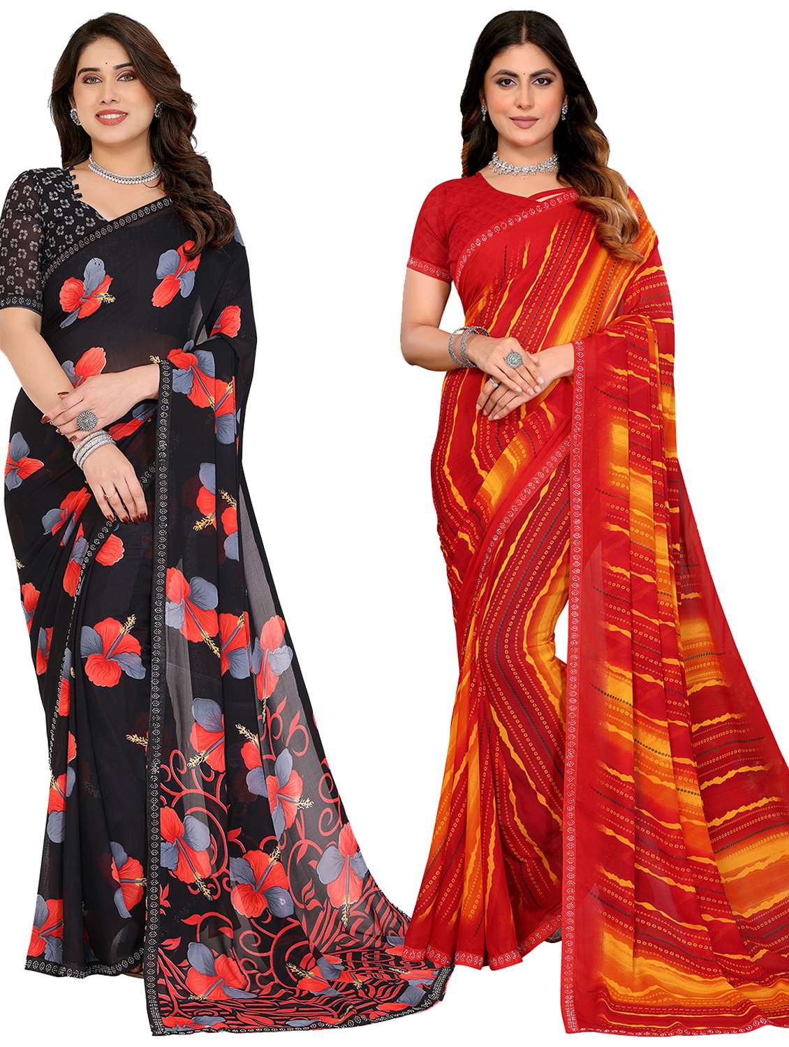 women pack of 2 printed combo saree with blouse