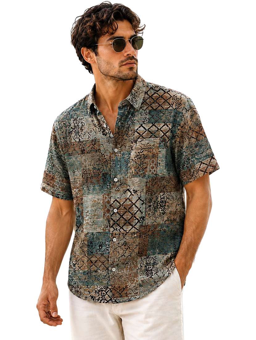 men printed short sleeve regular fit casual shirt