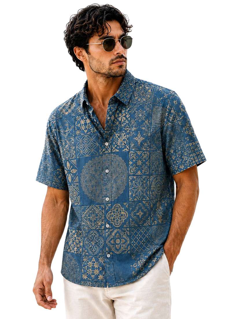 men printed short sleeve regular fit casual shirt