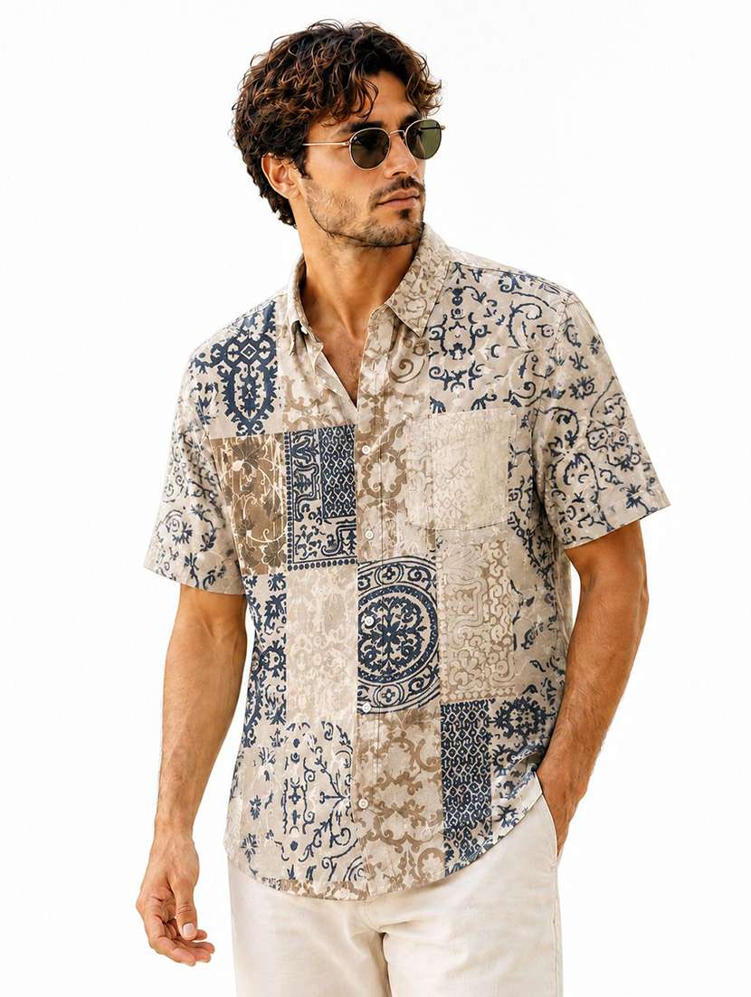 men printed short sleeve regular fit casual shirt
