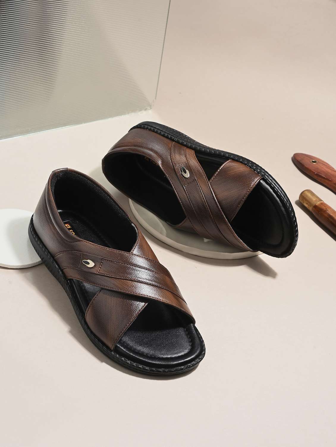 men brown slip on sandal