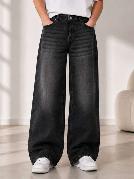 men washed mid rise full length baggy jeans