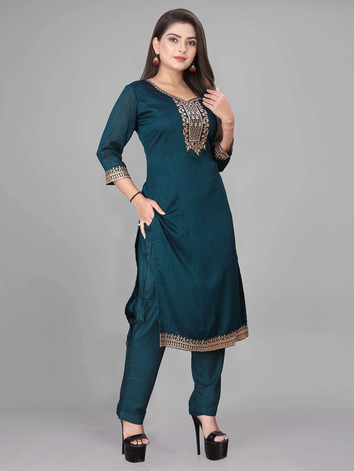 women embroidered three quarter sleeves kurta pant with dupatta set - 22602780 -  Standard Image - 3