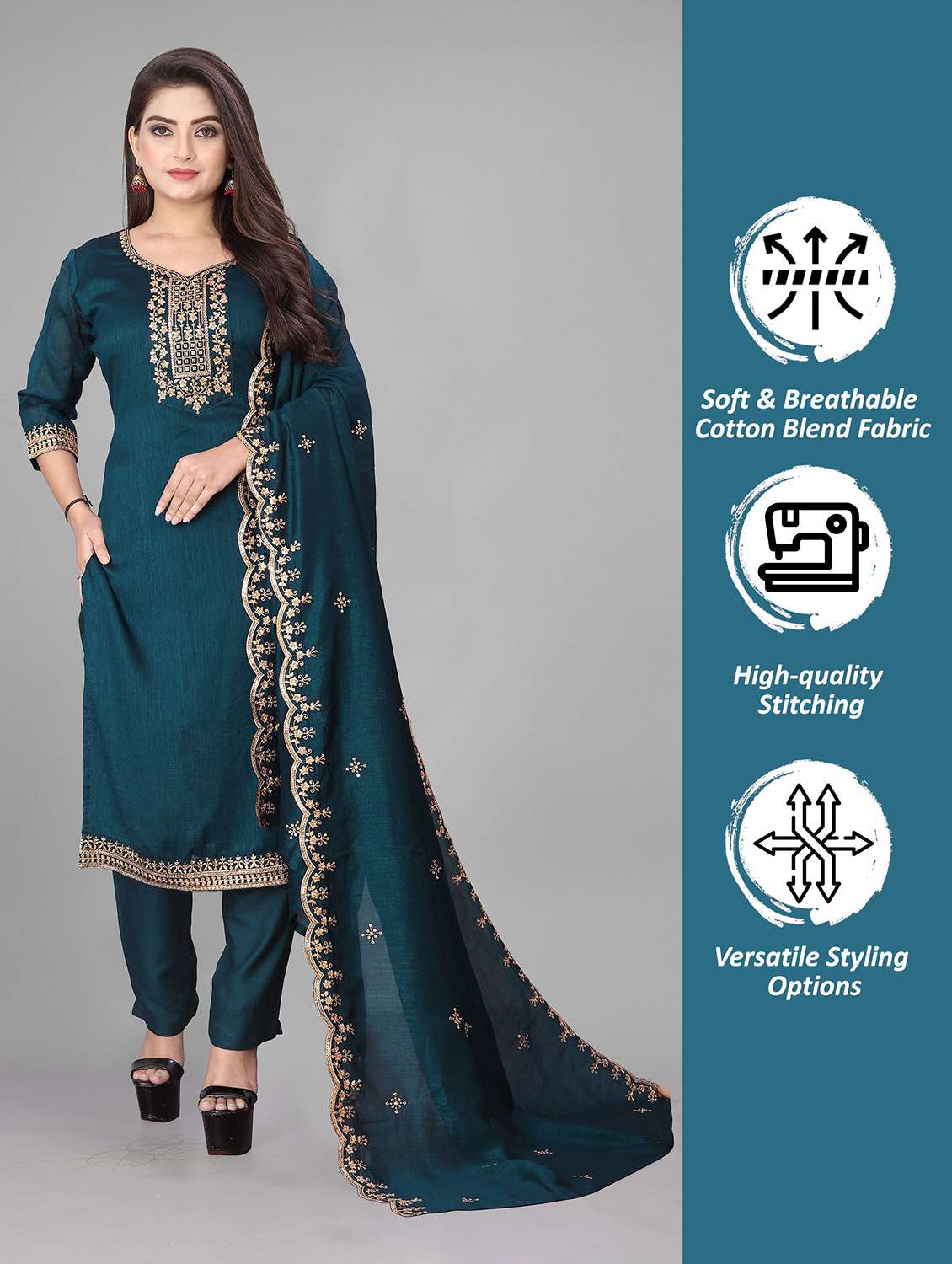 women embroidered three quarter sleeves kurta pant with dupatta set - 22602780 -  Standard Image - 5