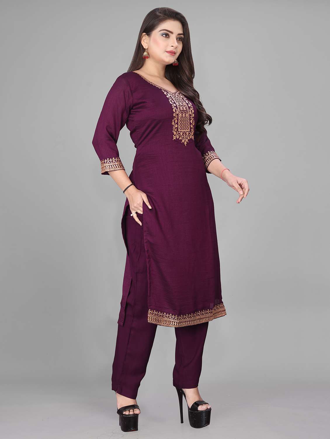 women embroidered three quarter sleeves kurta pant with dupatta set - 22602781 -  Standard Image - 3