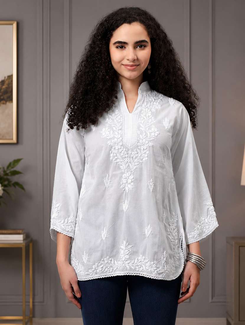 women solid with work three quarter sleeve chikankari kurti