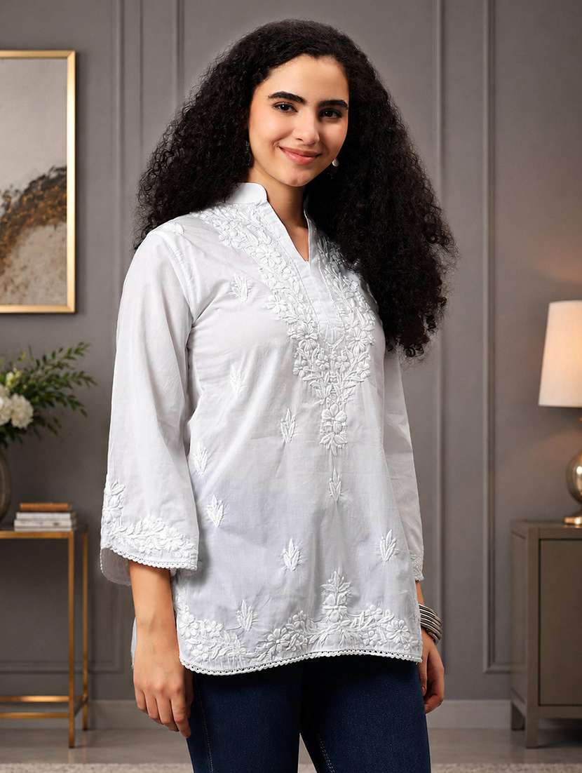 Women Solid With Work Three Quarter Sleeve Chikankari Kurti - 22602829 -  Standard Image - 3