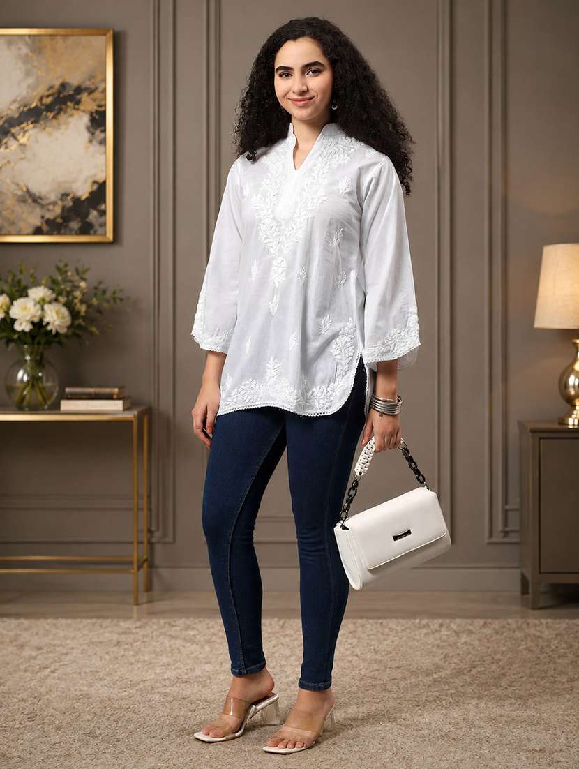 Women Solid With Work Three Quarter Sleeve Chikankari Kurti - 22602829 -  Standard Image - 5