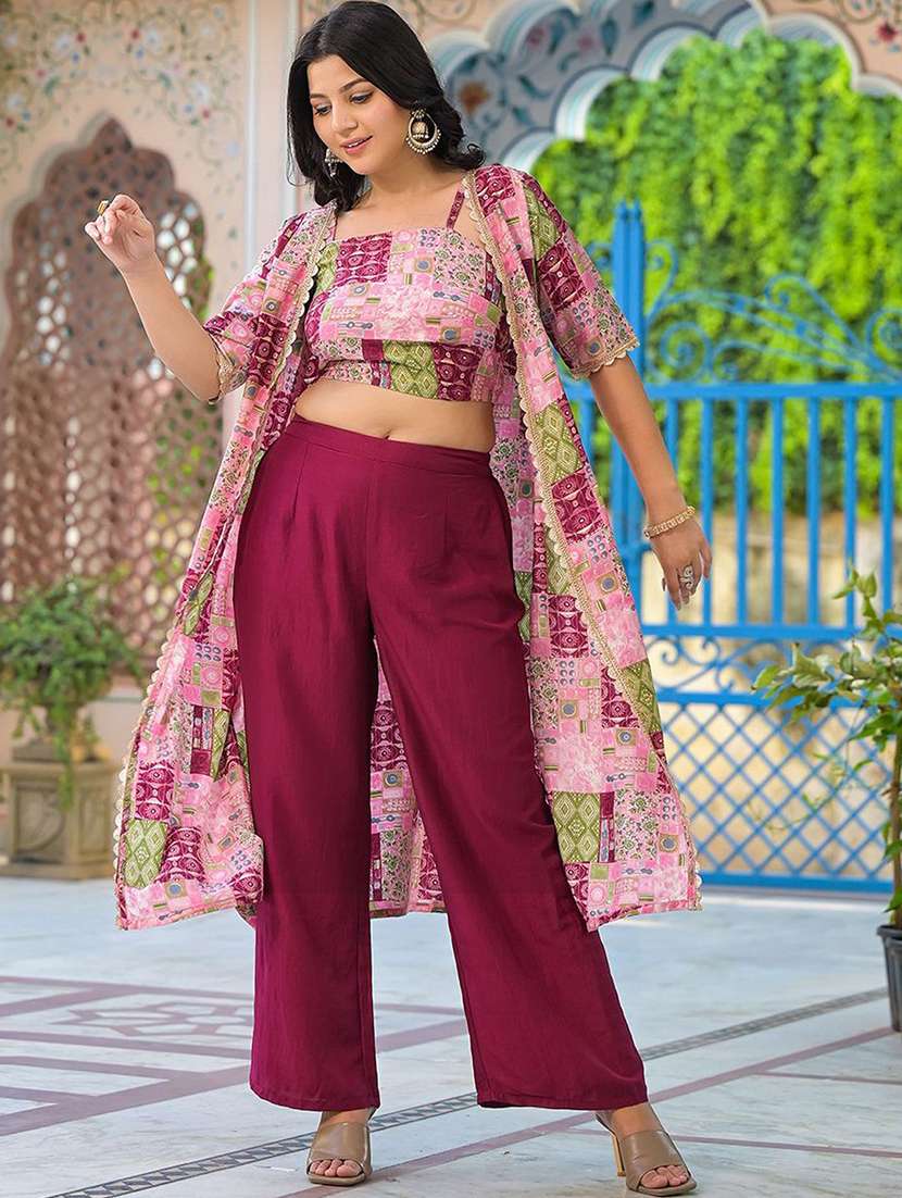 women printed short sleeves fusion set with jacket