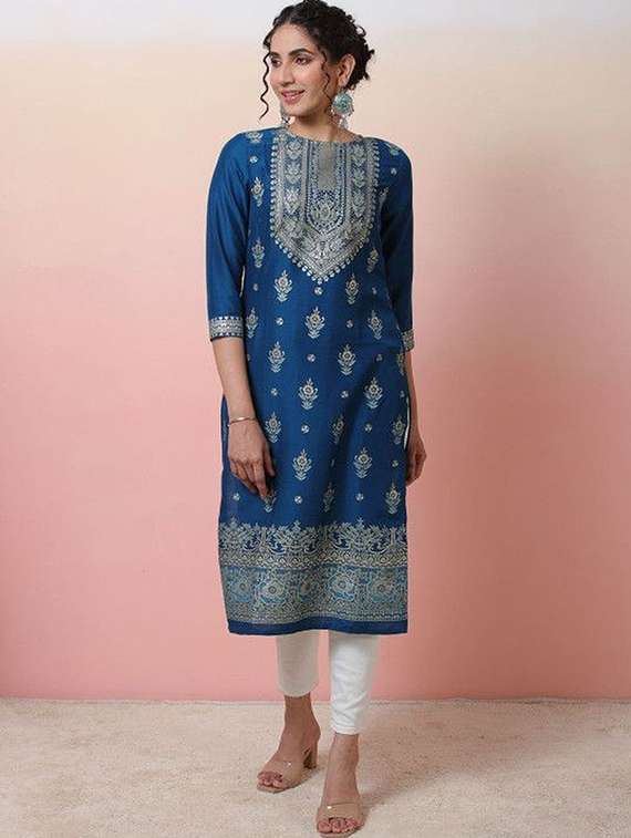 women printed three quarter sleeves straight kurta
