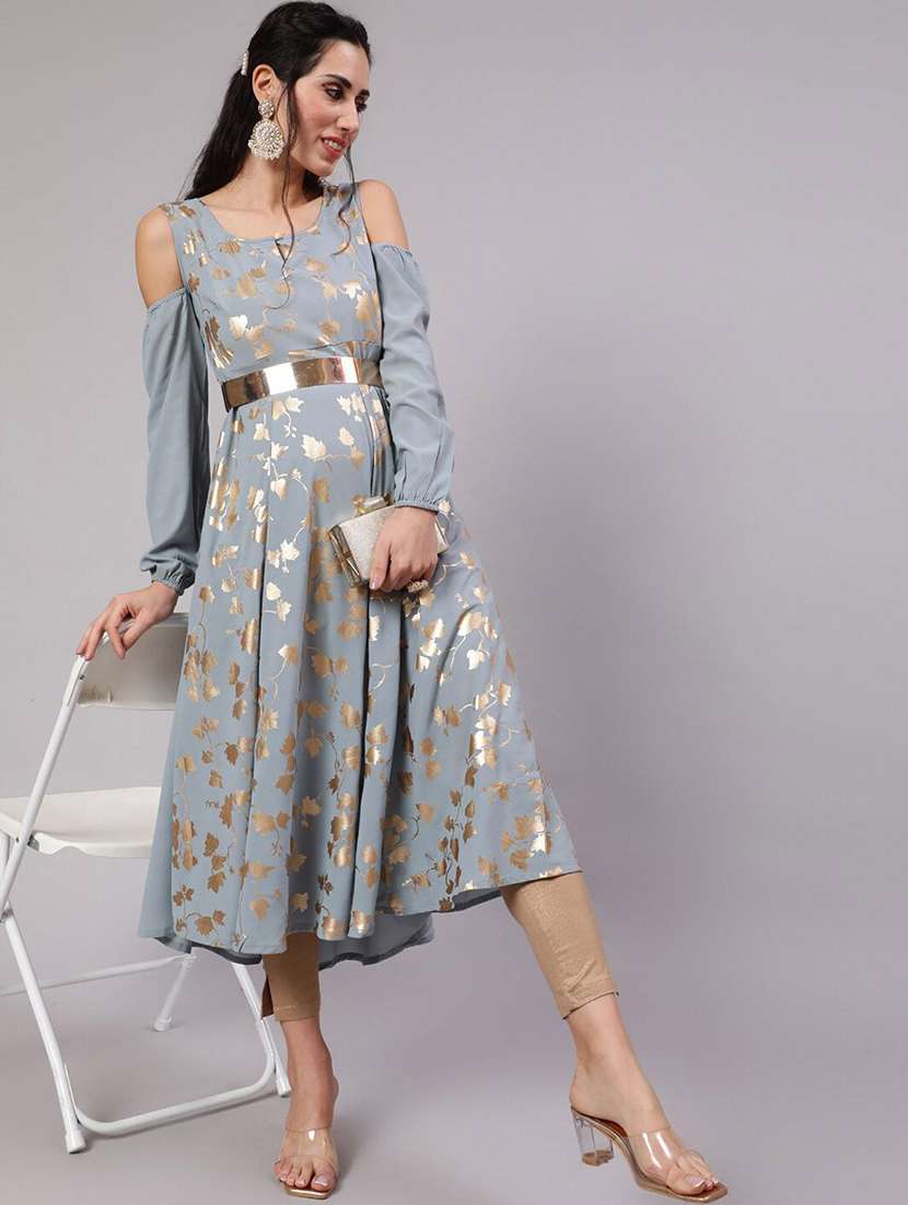 women printed cold shoulder flared kurta