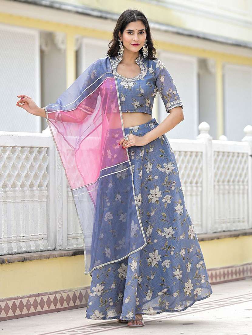 women printed short sleeves lehenga choli set