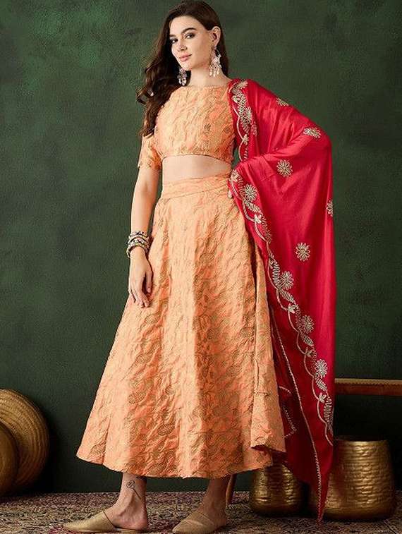 women self design short sleeves lehenga choli set