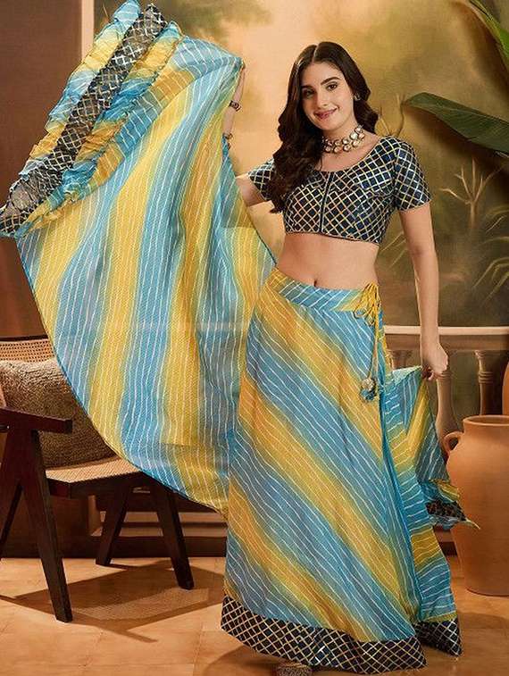 women leheriya printed short sleeves lehenga choli set