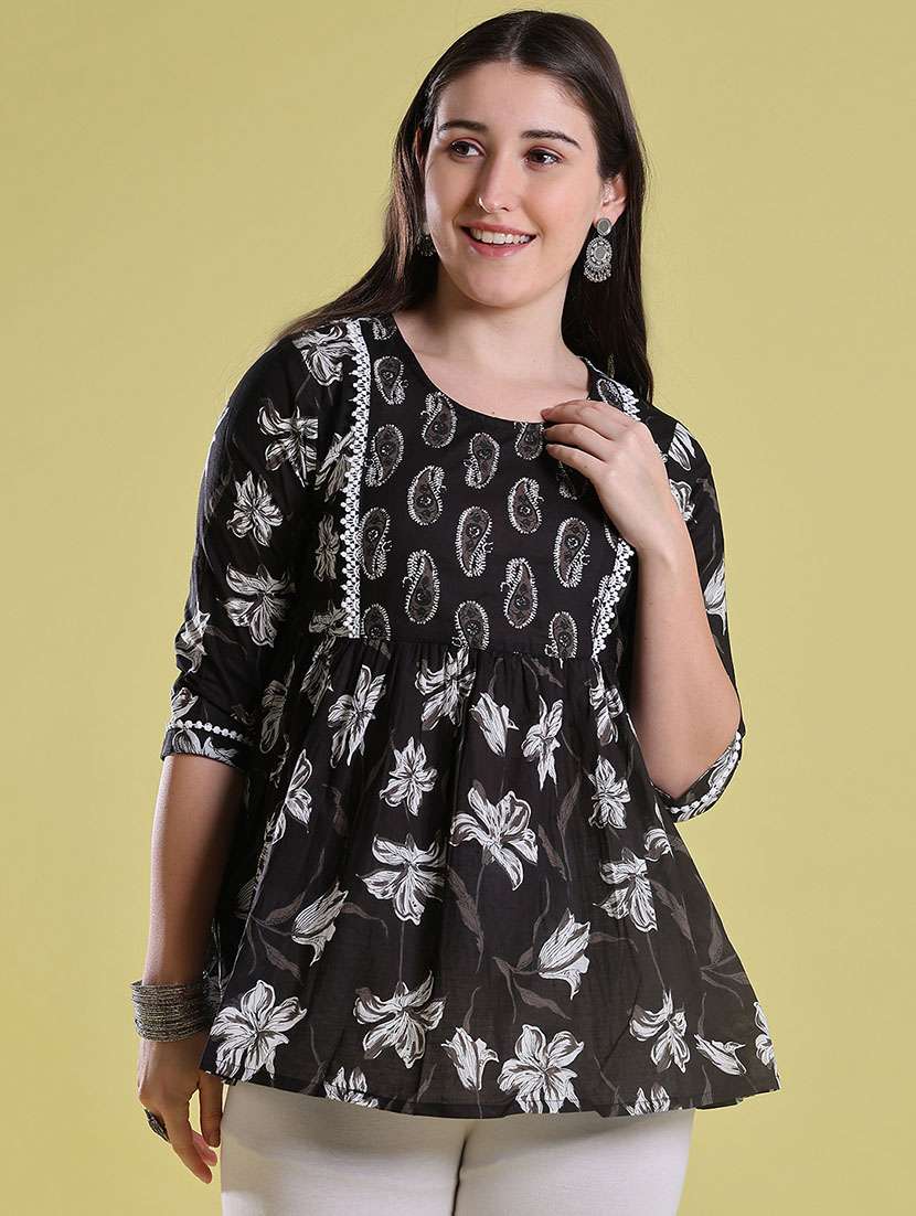 women printed three quarter sleeves flared kurti