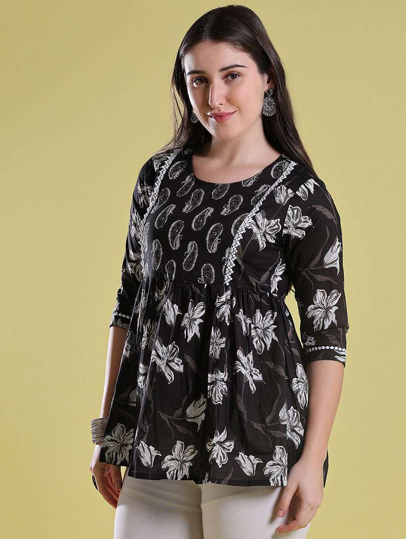 Women Printed Three Quarter Sleeves Flared Kurti - 22603424 -  Standard Image - 3