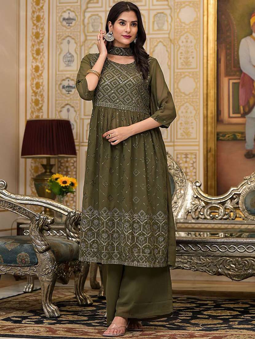 Women Embroidered Three Quarter Sleeves Kurta Palazzo Set - 22603478 -  Standard Image - 3