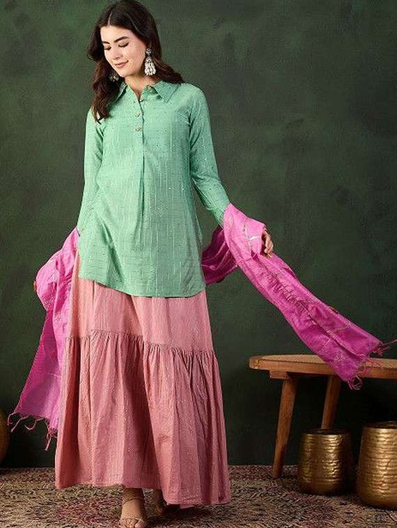 women self design long sleeves kurta skirt set with dupatta