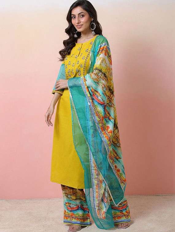 women embroidered three quarter sleeves sleeves kurta pant set with dupatta