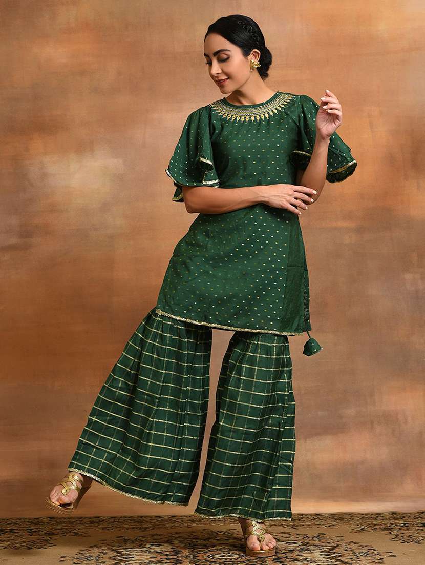 women printed flared sleeves kurta sharara set