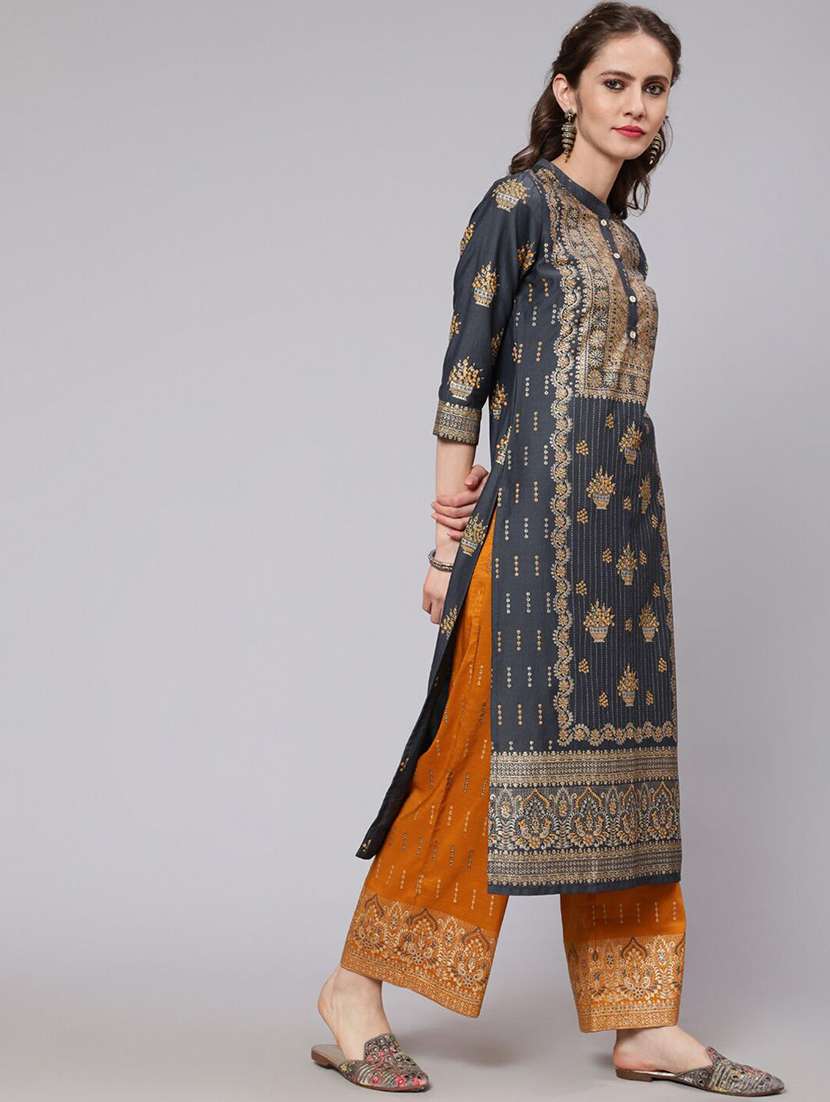 Women Printed Three Quarter Sleeves Kurta Pant Set - 22603587 -  Standard Image - 3