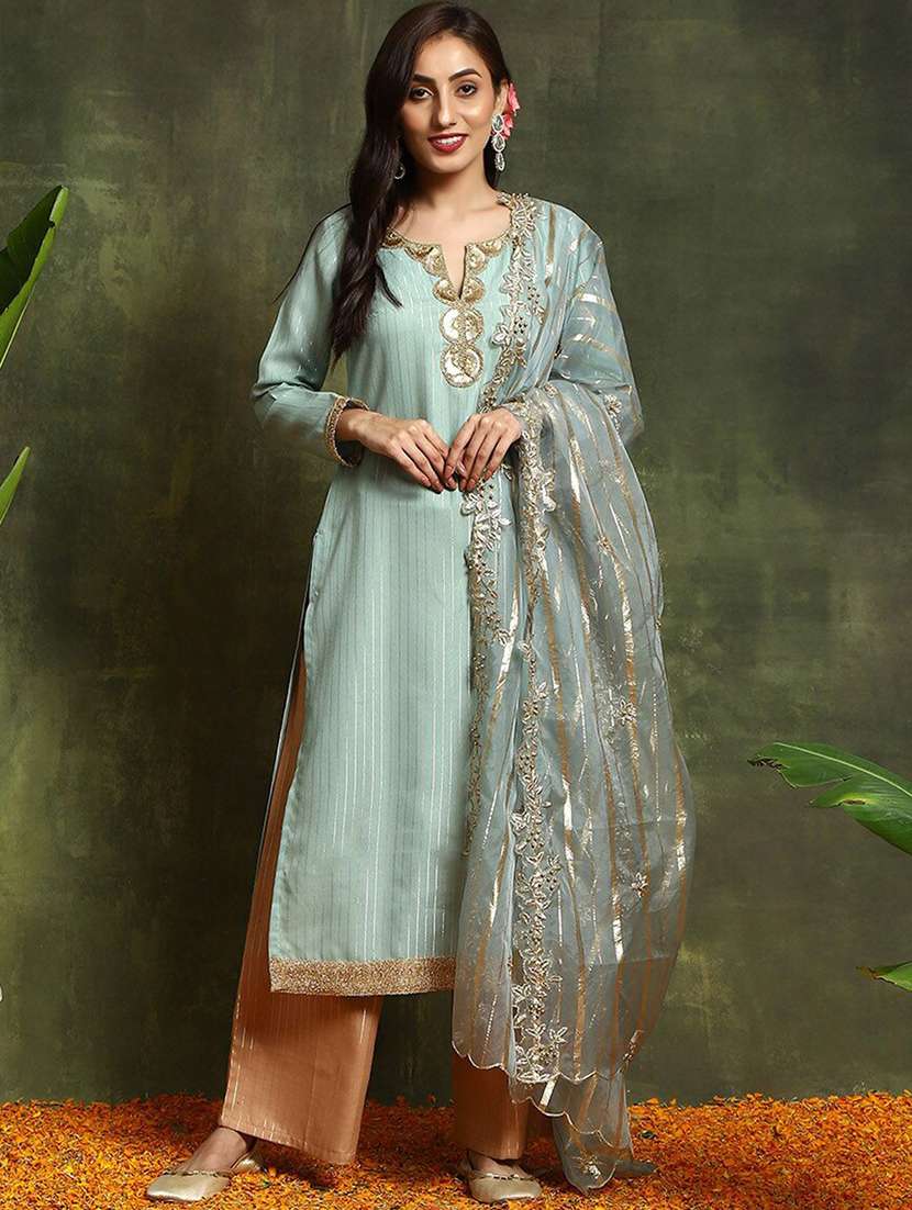 women printed long sleeves kurta pant set with dupatta