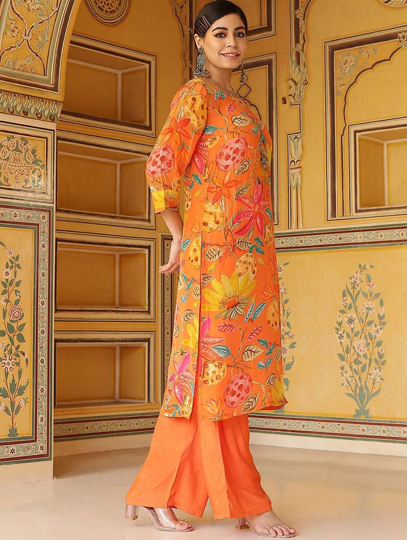 women printed three quarter sleeves kurta pant set - 22603631 -  Standard Image - 3