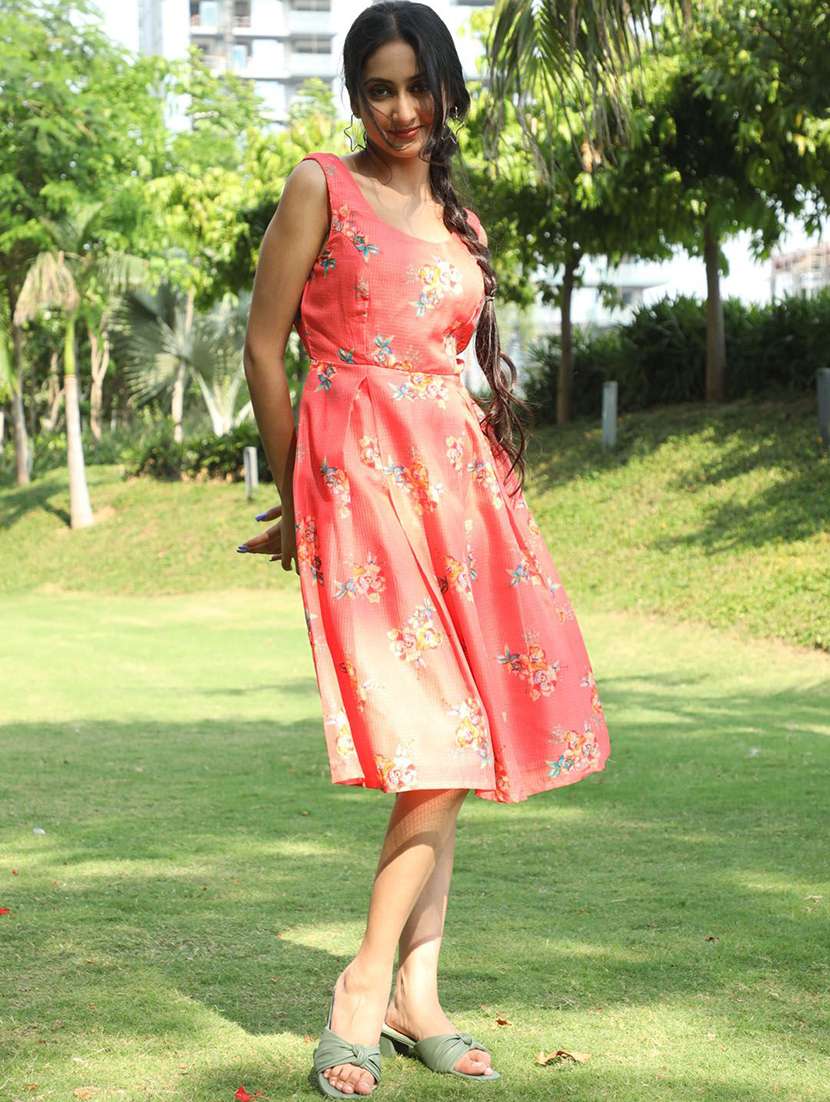 women floral printed sleeveless a-line dress