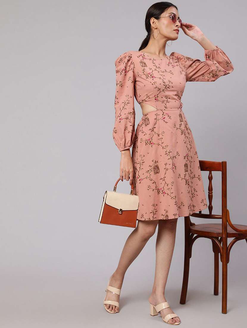 women printed long sleeves fit and flare dress