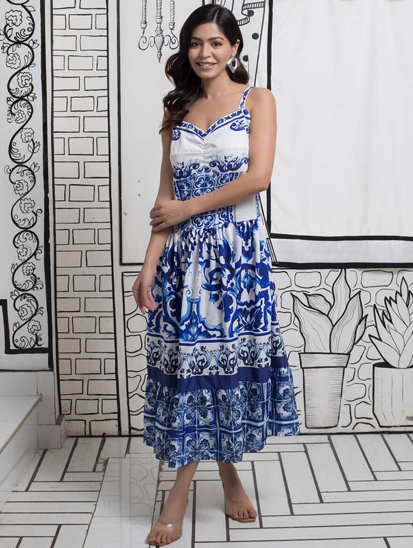 women printed shoulder strap tiered dress