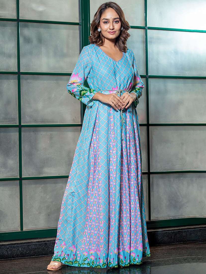 women printed long sleeves fit and flare dress