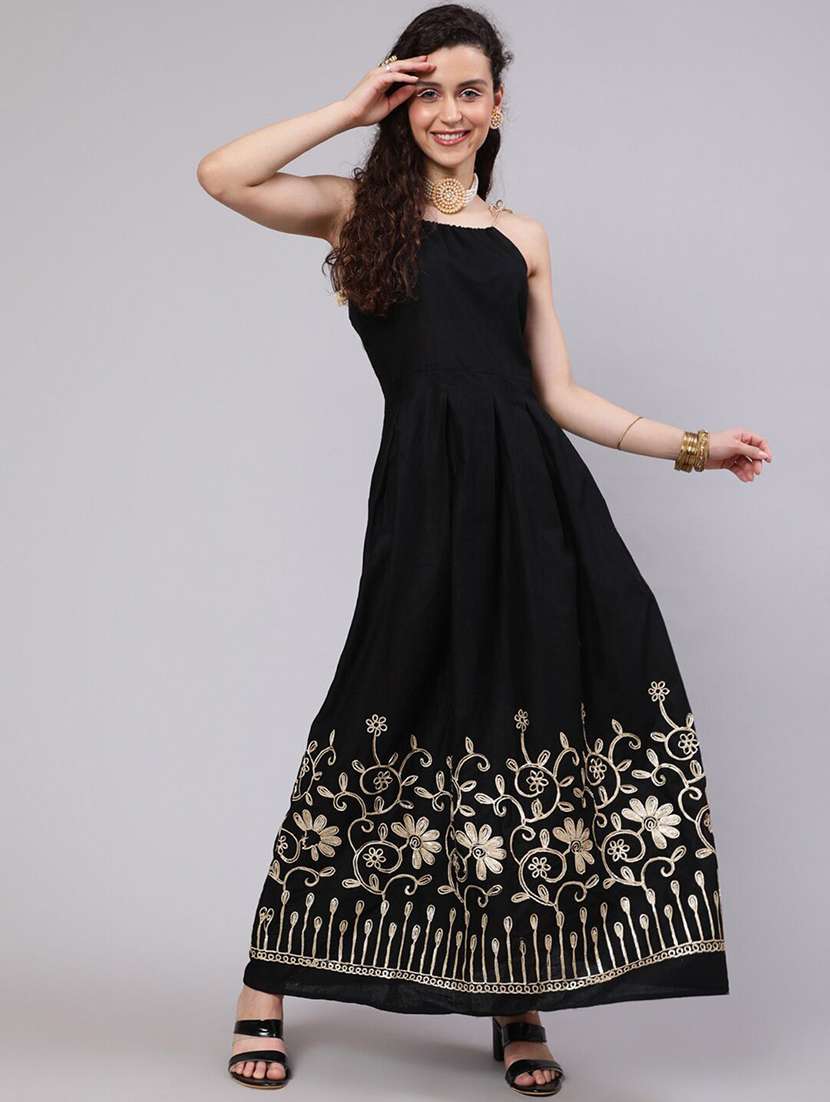 women embroidered halter neck fit and flare dress