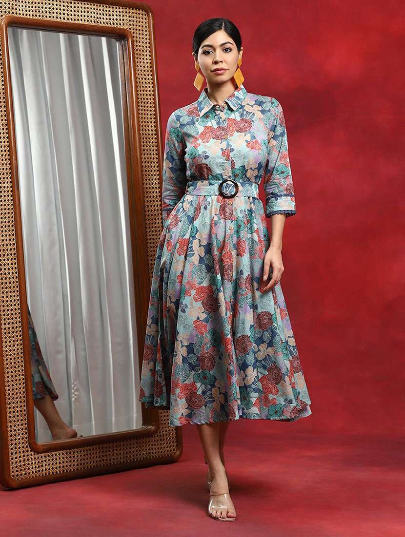 women printed three quarter sleeves fit and flare dress
