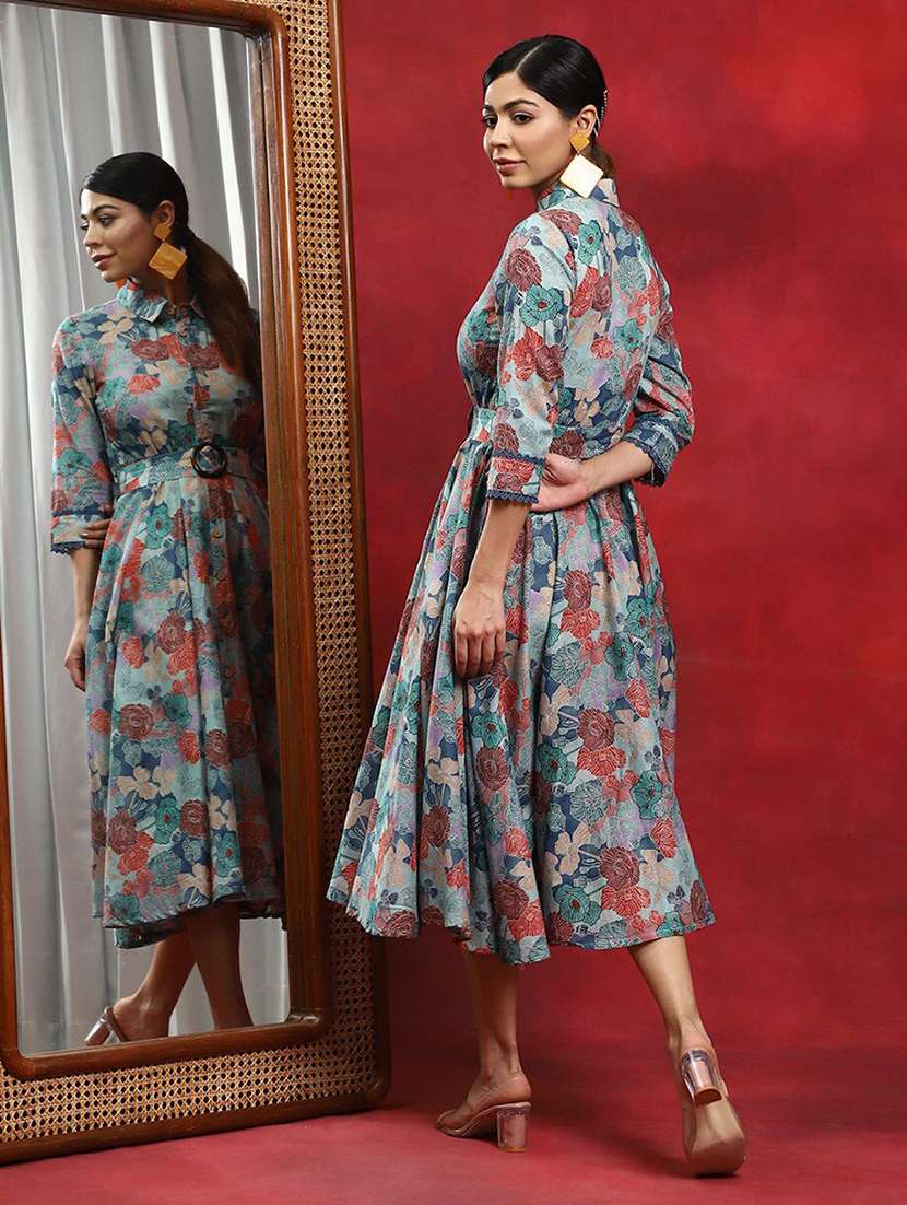 women printed three quarter sleeves fit and flare dress - 22603708 -  Standard Image - 3