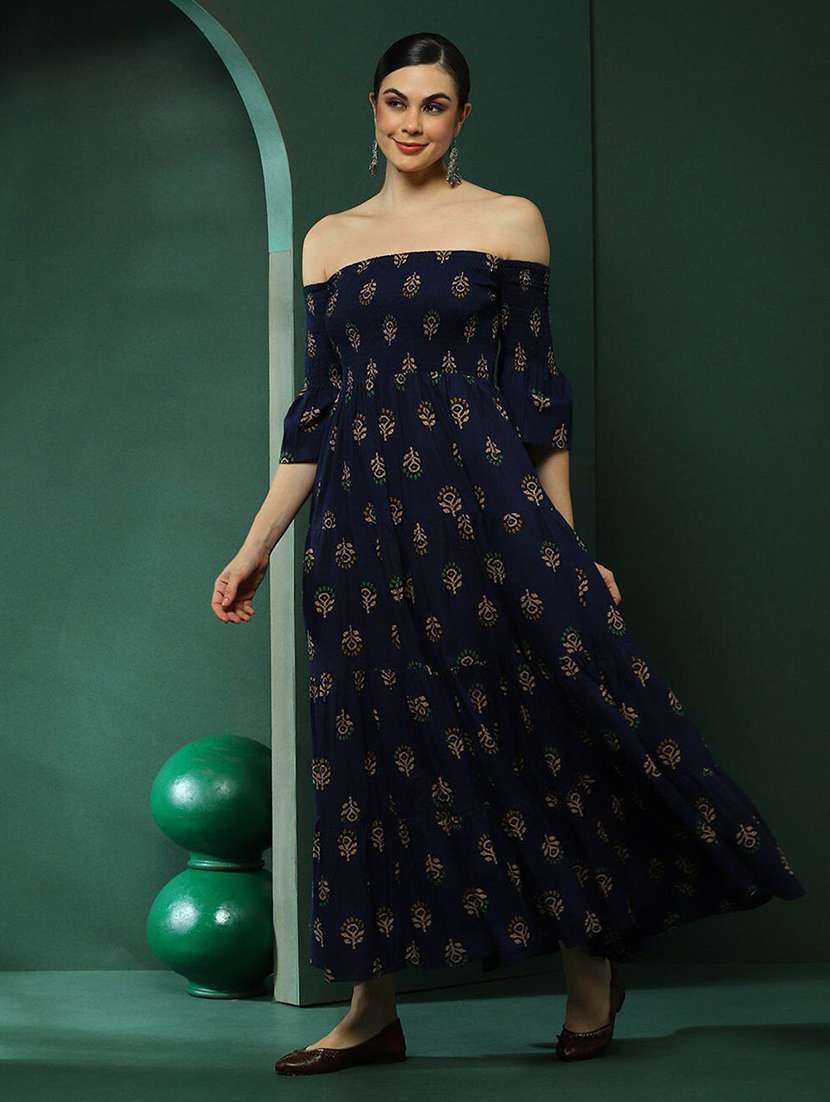 women printed off shoulder fit and flare dress