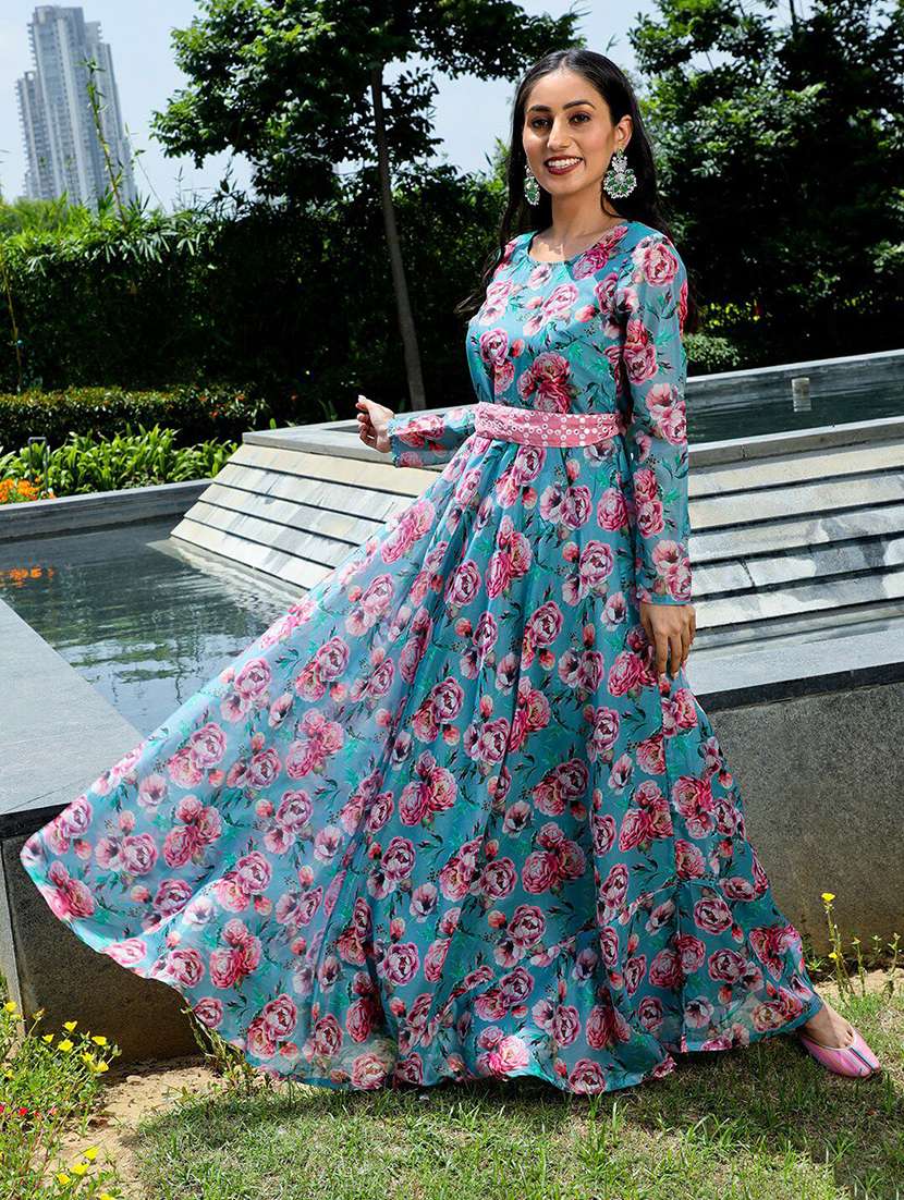 women floral printed long sleeves fit and flare dress