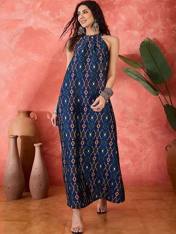 women printed halter neck a-line dress