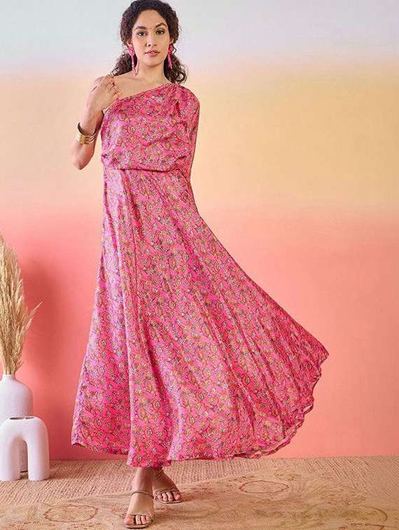 women printed one shoulder fit and flare dress