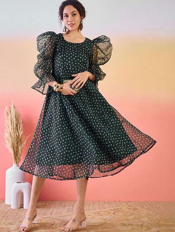 women printed leg o mutton sleeves fit and flare dress