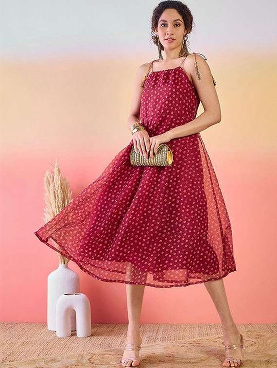 women printed shoulder strap fit and flare dress