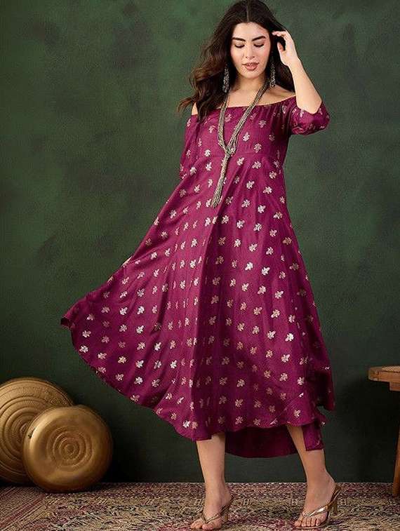 women printed off shoulder flared dress