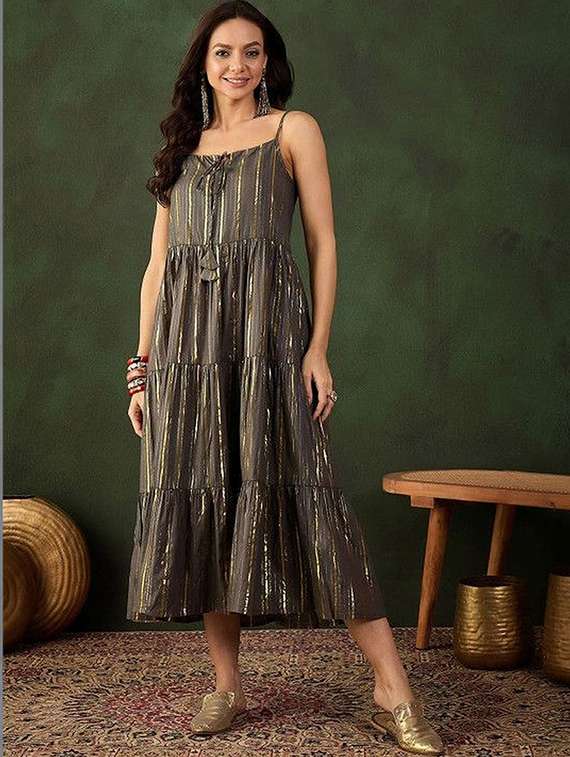 women self design shoulder strap tiered dress