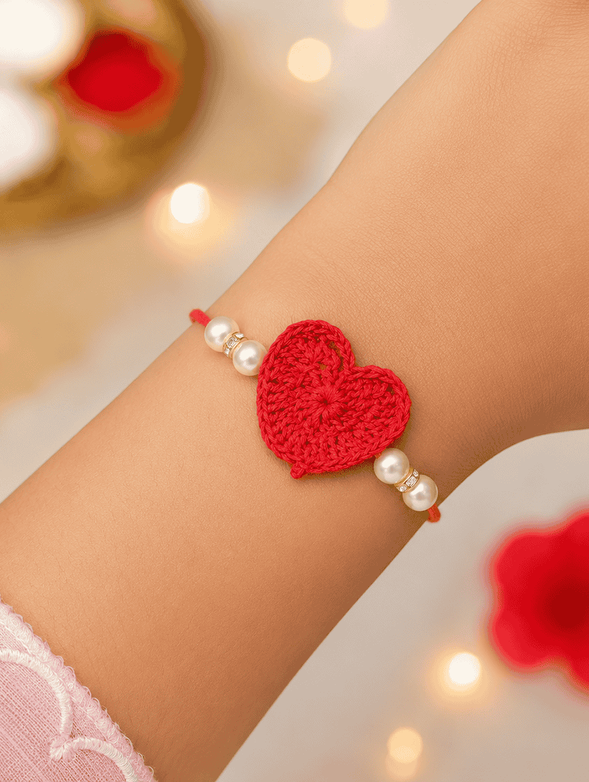 the magic wand cute heart applique pearl detailing handmade crochet rakhi