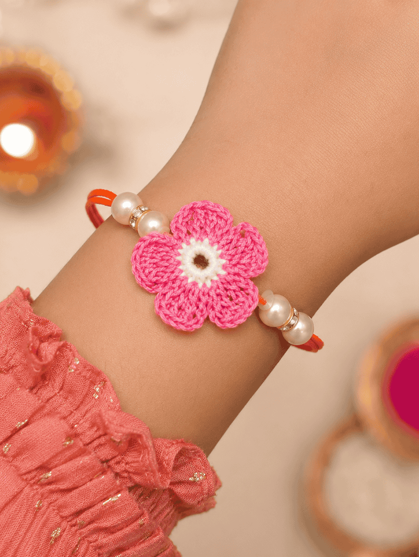 the magic wand cute heart applique pearl detailing handmade crochet rakhi