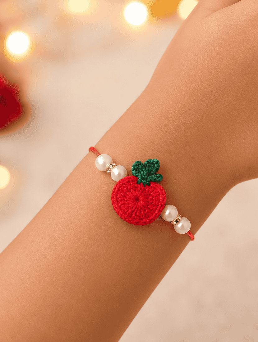 the magic wand cute heart applique pearl detailing handmade crochet rakhi