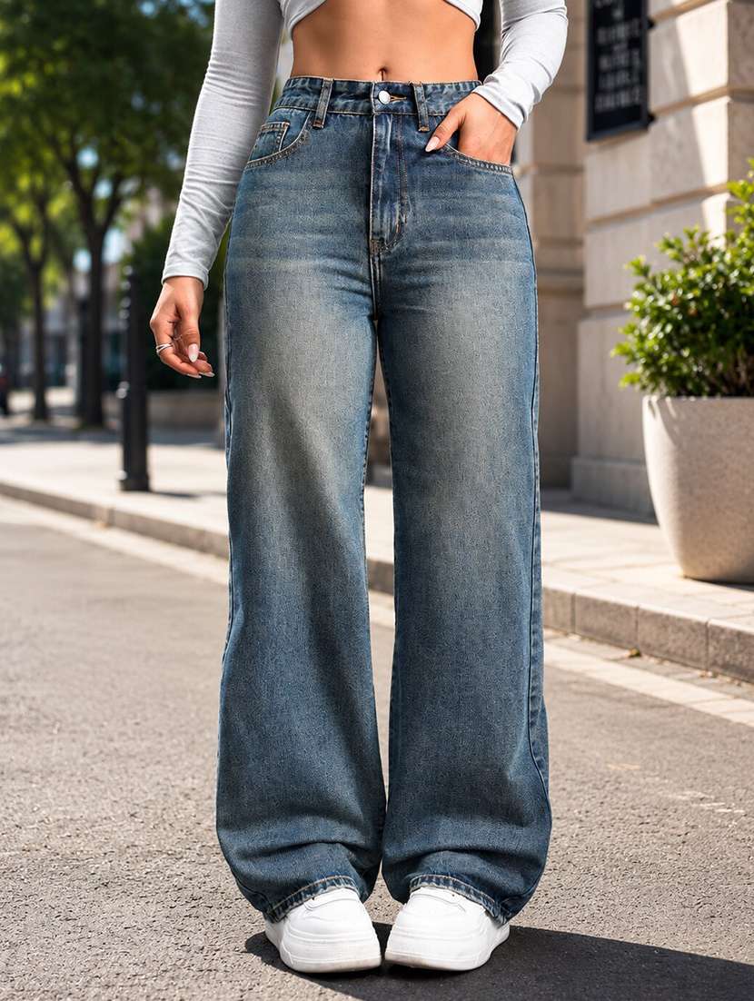 women washed high rise baggy jeans