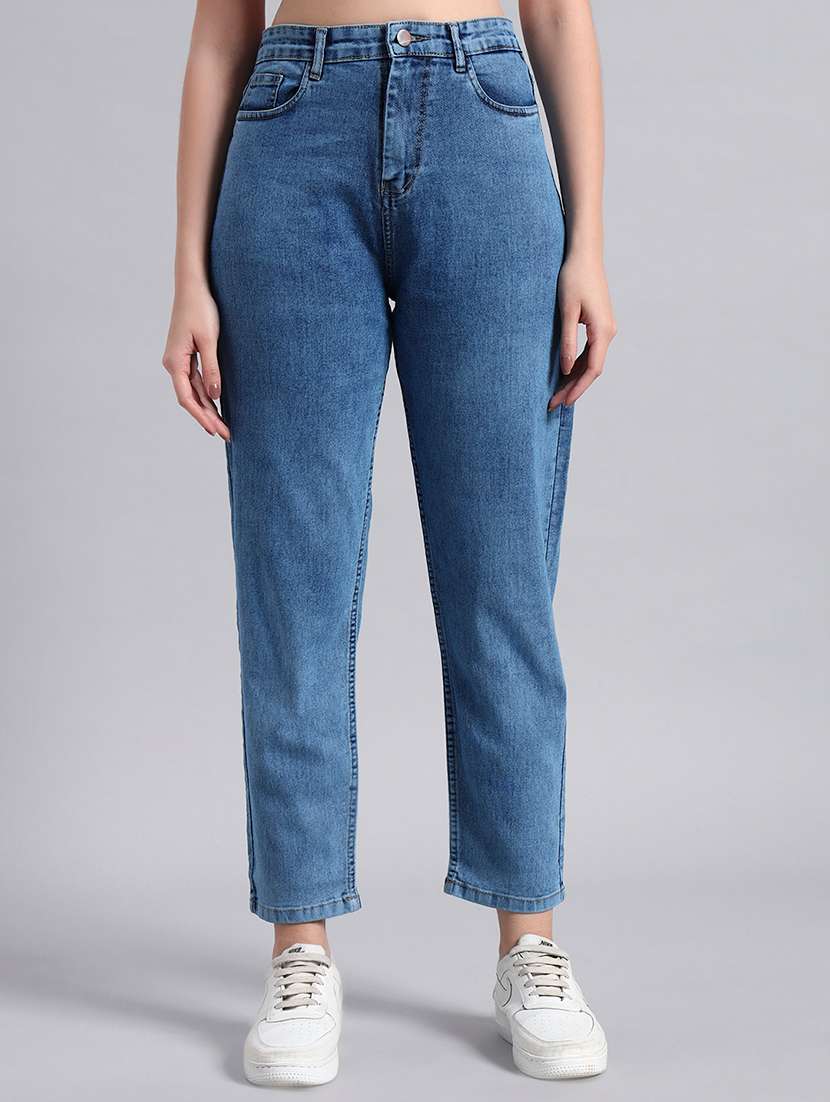women solid high rise mom fit jeans