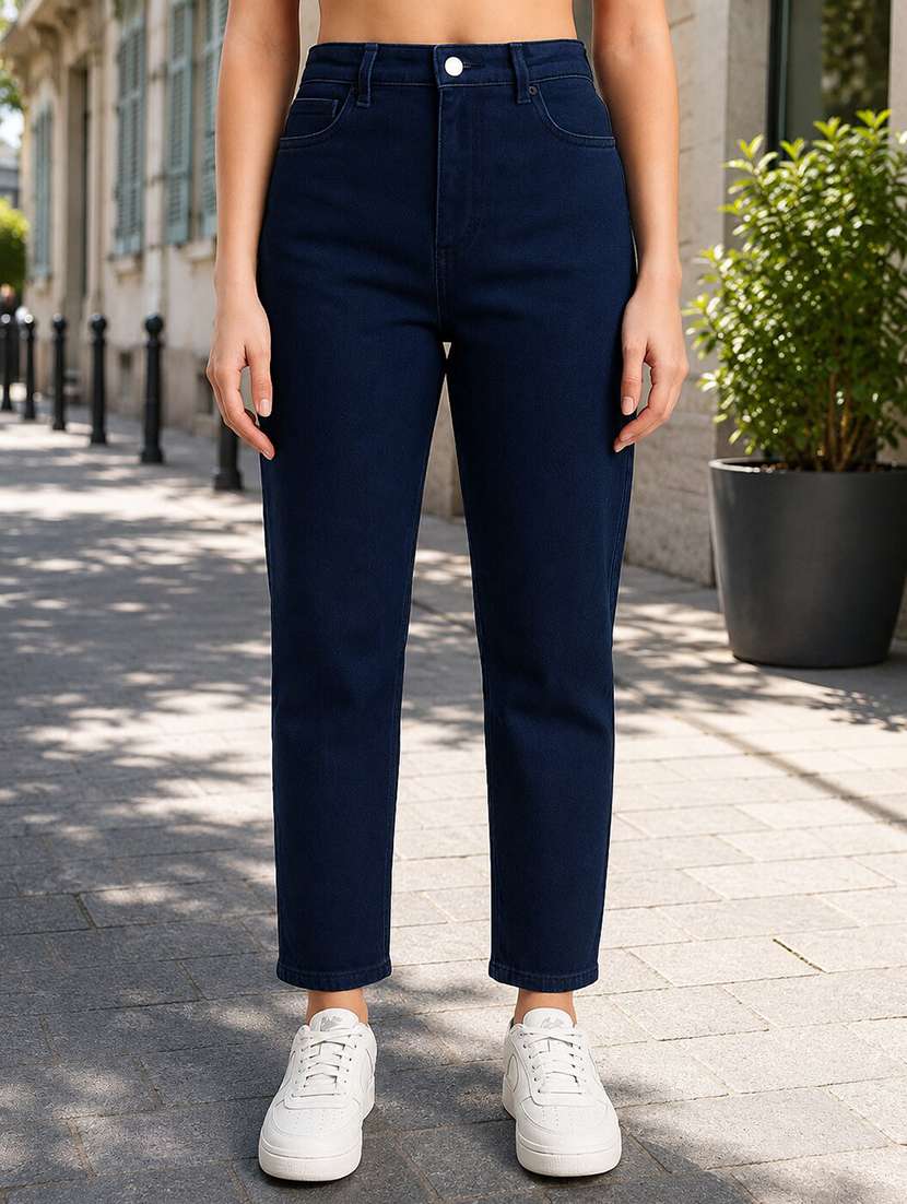 women solid high rise mom fit jeans